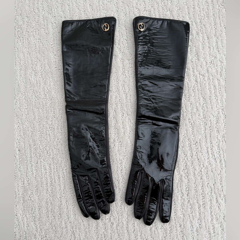 Gucci women’s patent leather gloves size 7 Vernice and Nappa black gold - Picture 2 of 15